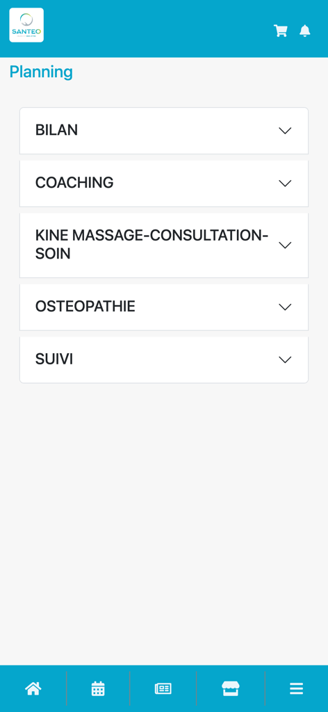 SANTEO - Sport Santé Bien-être - Terminplanungsbildschirm in der SANTEO-App mit einer Liste von Gesundheits- und Fitnessdienstleistungen