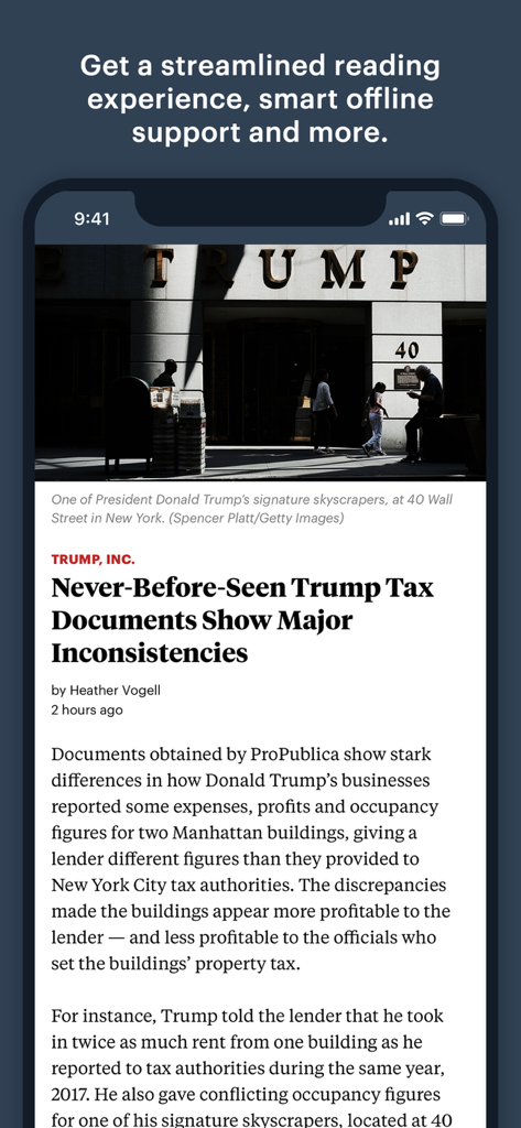 ProPublica - La aplicación móvil ProPublica que muestra un artículo de periodismo de investigación con un diseño de lectura limpio