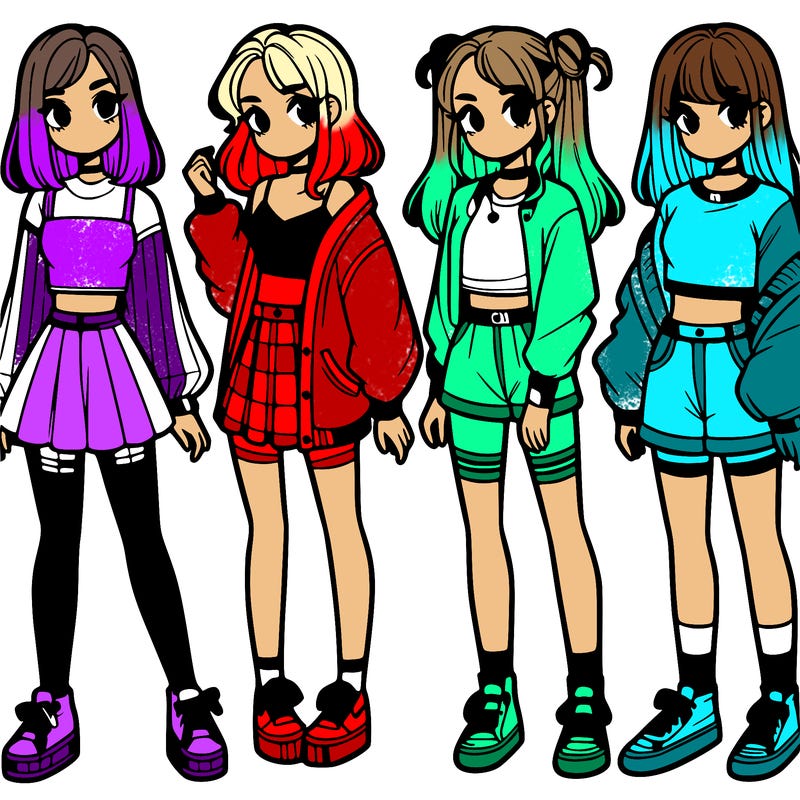 one girl with crop-top shirt and a jacket with a skirt, long socks and another girl with a shirt and pants with a jacket