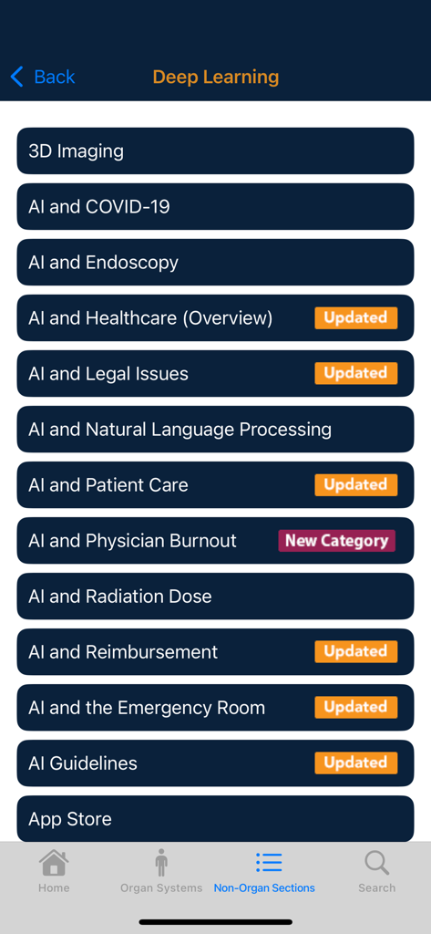 CTisus iPearls - Menu of AI and deep learning categories in the CTisus iPearls radiology app