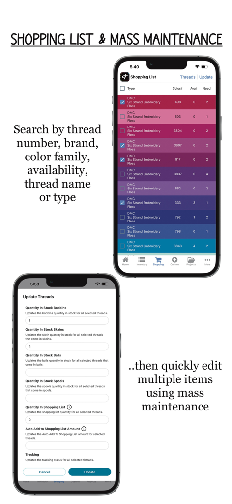 Threadster - Interfaz de la aplicación Threadster para gestionar listas de compras de hilos de bordar y actualizaciones masivas de inventario.
