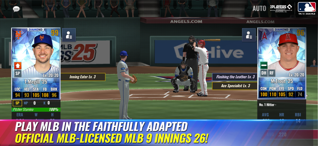 Gameplay of MLB 9 Innings 26 featuring player cards and 3D stadium graphics