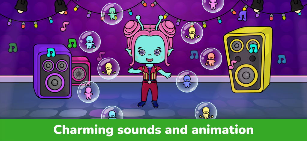 A vibrant music and dance scene in a kids game featuring a friendly character and colorful speakers