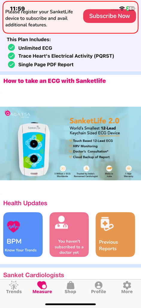 Sanket Life-ECG,Stress,Fitness - Sanket Life app interface showing ECG device information and health update tiles for heart rate and reports