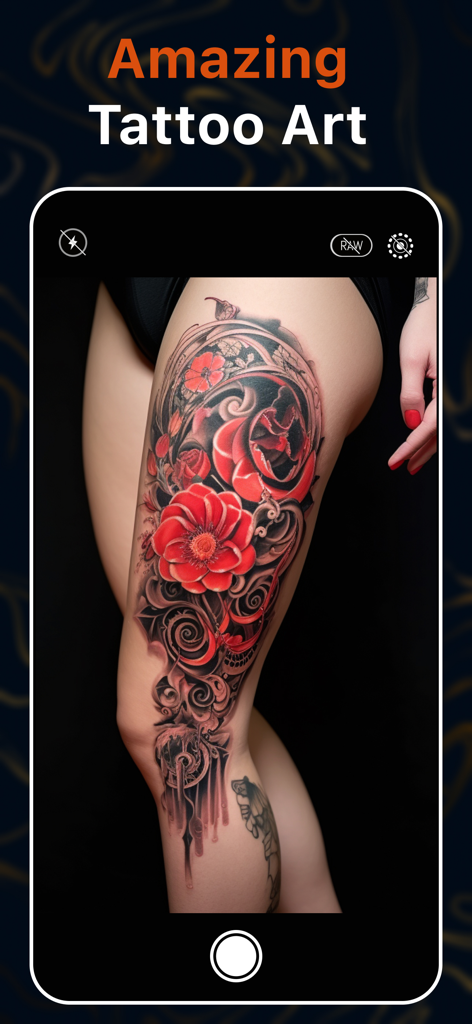 Prévia de realidade aumentada de uma grande tatuagem floral vermelha na coxa de uma pessoa