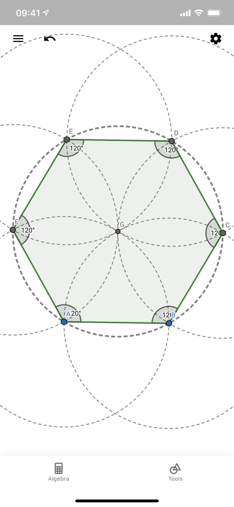 A regular hexagon construction with 120-degree angles in the GeoGebra Geometry app