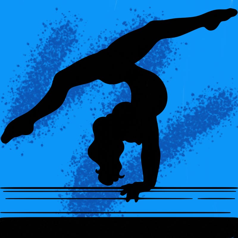 gymnast doing split handstand on a beam