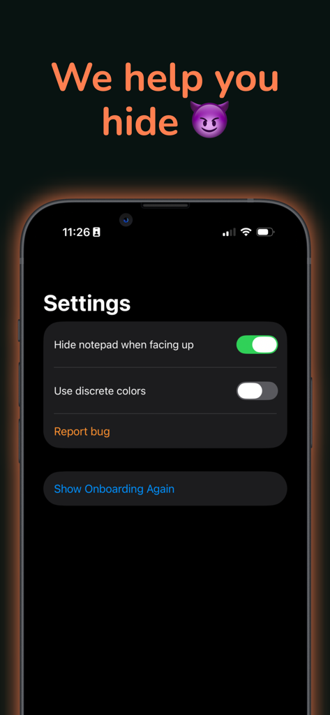 Clue Notepad - Detective Game - Pantalla de configuración de la aplicación Clue Notepad que muestra opciones de privacidad como detección de pantalla oculta y colores discretos