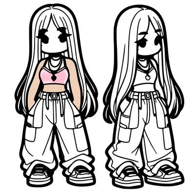 girl in baggy pants crop top and long hair