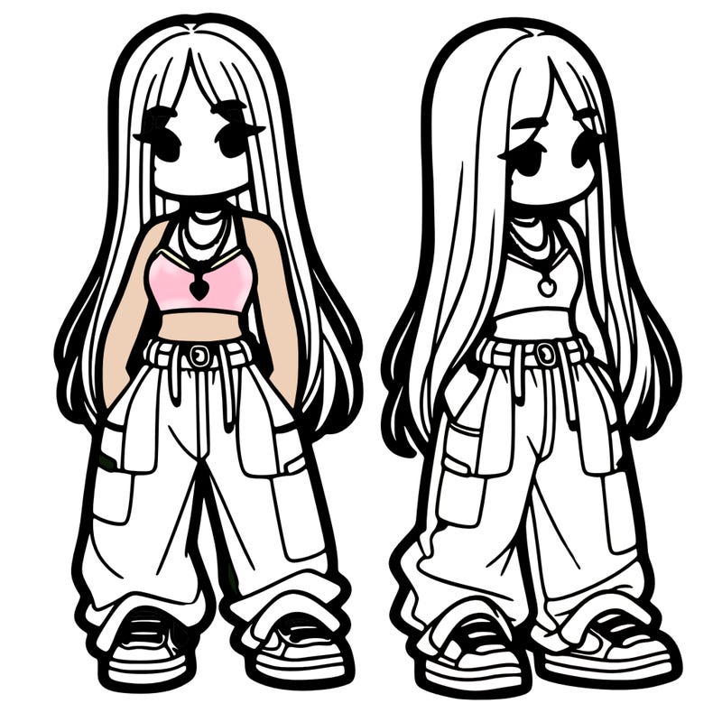 girl in baggy pants crop top and long hair