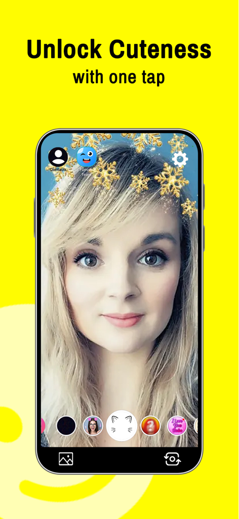 Funveo: Funny Face Swap Filter - A smartphone screen displaying a woman with a gold snowflake AR filter in the Funveo app.