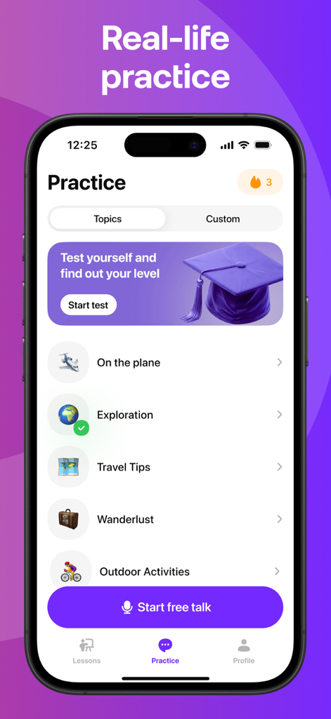 Praktika – AI Language Tutor - Praktikaアプリの練習画面、旅行のヒントやアウトドアアクティビティなどの会話トピックのリストを表示