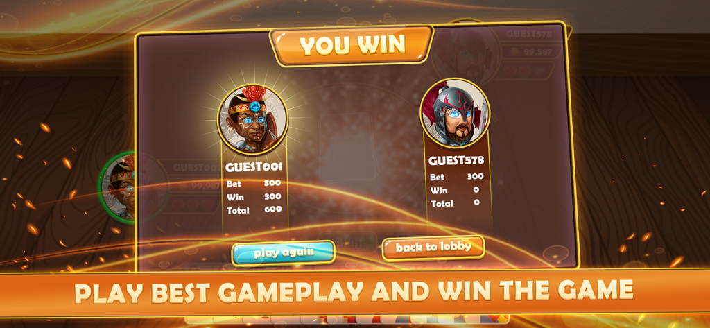 A victory screen in the Bluff Multiplayer card game showing player scores and avatars.