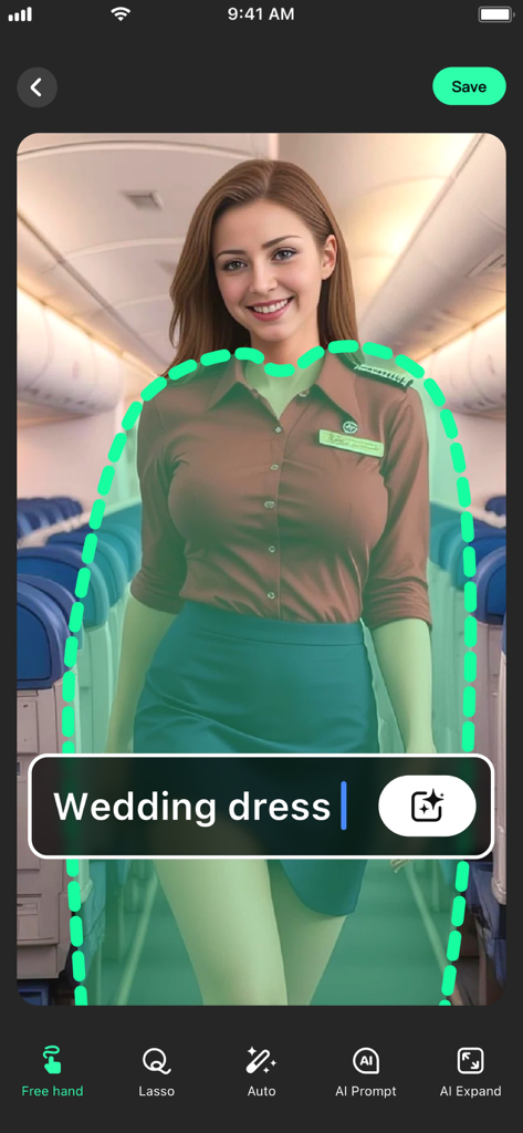 Interface do aplicativo AI Replace and Remove mostrando um usuário solicitando a mudança de uma roupa de comissária de bordo para um vestido de noiva