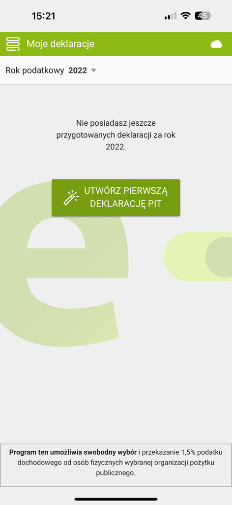 e-pity - Interface of the e-pity mobile app showing the option to create a new Polish tax declaration