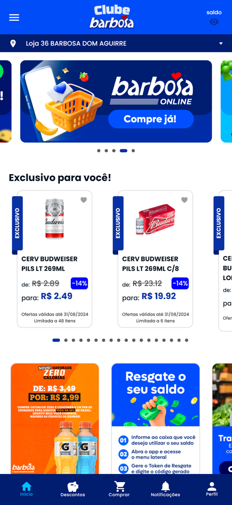 Barbosa Supermercados - Mobile interface of the Barbosa Supermercados app showing exclusive discounts on beverages and promotional shopping banners.