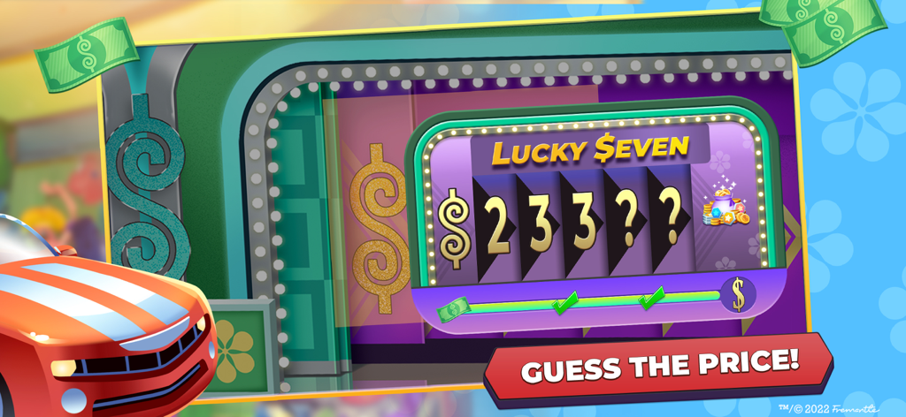 Lucky Seven pricing mini game with a sports car and a prompt to guess the price