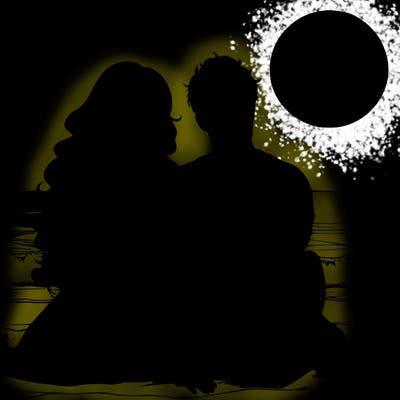 realistic couple on beach sat looking out to sea under the moon woman has long wavy hair man has short hair