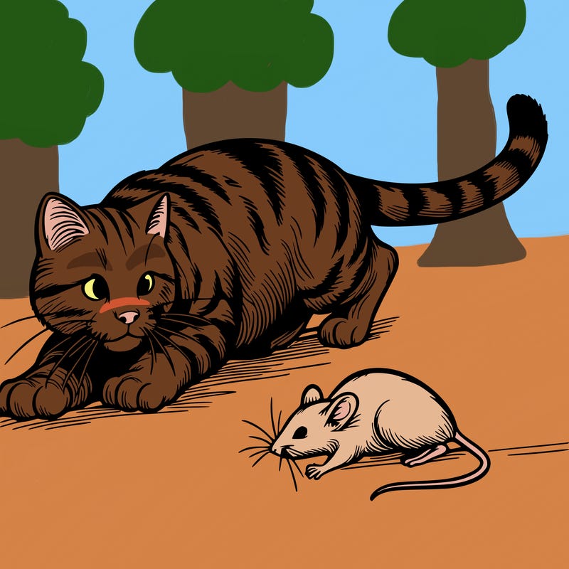 a realistic stray cat hunting a mouse