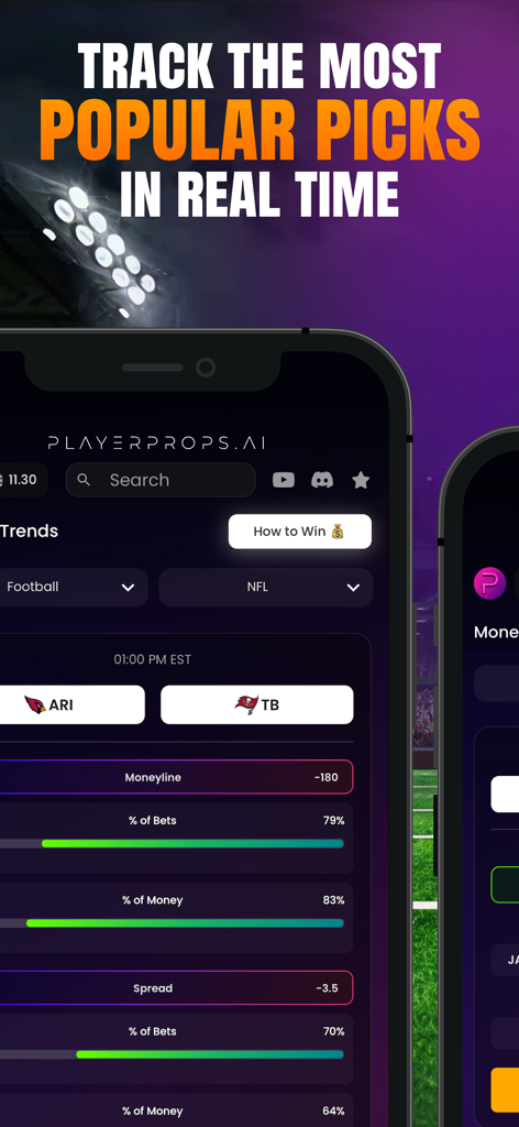 PlayerProps.ai app interface showing real-time NFL betting trends and popular picks