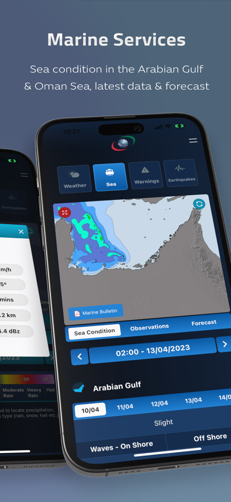 Screenshot of the Weather UAE app showing marine services with sea condition maps and forecasts for the Arabian Gulf.
