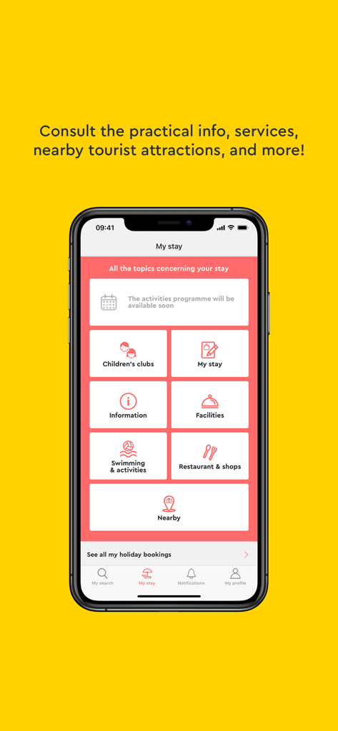 Yelloh! Village Camping - Pantalla de smartphone que muestra el menú de la aplicación Yelloh Village con opciones de actividades, instalaciones y atracciones cercanas