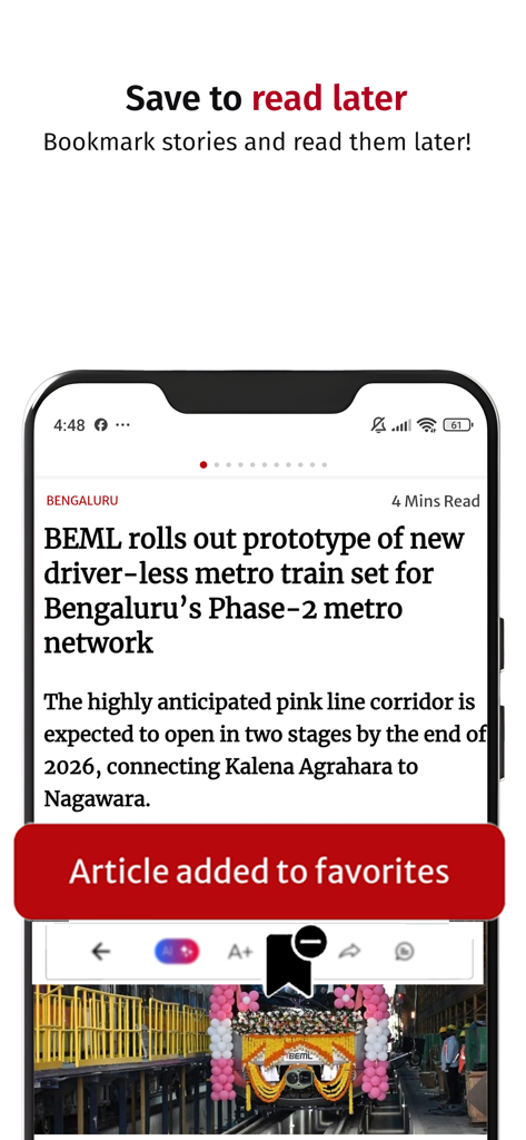 The Hindu app interface showing how to bookmark and save news articles to read later