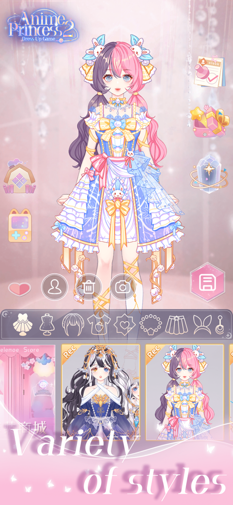 Anime Princess 2：Dress Up Game - An anime girl character in a blue and white dress with pink and purple hair featuring the variety of styles available in the game.