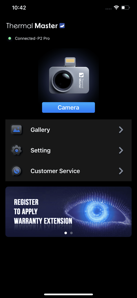 Temp Master - Temp Master app home screen showing P2 Pro thermal camera connection status and menu options