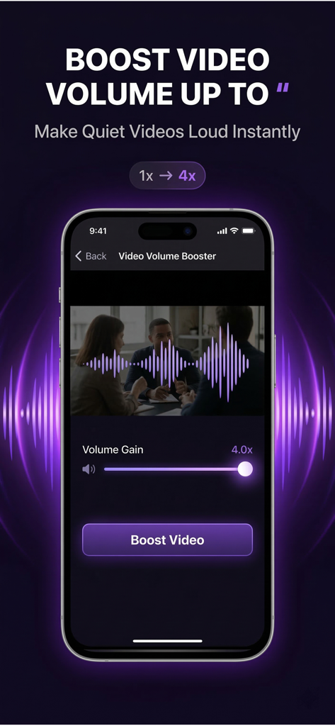 Bass Booster &Volume,Equalizer - Interfaz de una aplicación potenciadora de volumen de video para iPhone con ajuste de ganancia de 4x