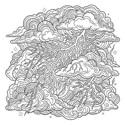 Immerse yourself in the captivating power of nature with this intricate intra-cloud thunder coloring page, specifically designed for adults. Explore a tempestuous sky where lightning dances within swirling clouds, offering a uniquely detailed artistic challenge.