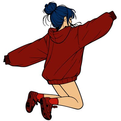 realistic girl jumping with a bun and oversized sweatshirt