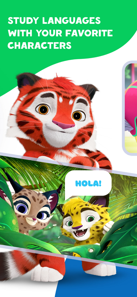 MOOLT – cartoons for children - Animated characters from the MOOLT app showing a language learning feature with a speech bubble saying Hola