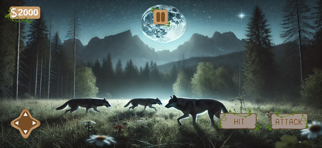 Wolf Simulator - Family Sim - Three wolves in a moonlit forest clearing with game controls in Wolf Simulator Family Sim