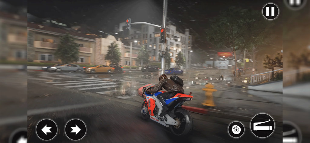Ramp Bike Stunt Extreme - A motorcycle rider driving a sports bike through a rainy city at night in a mobile game