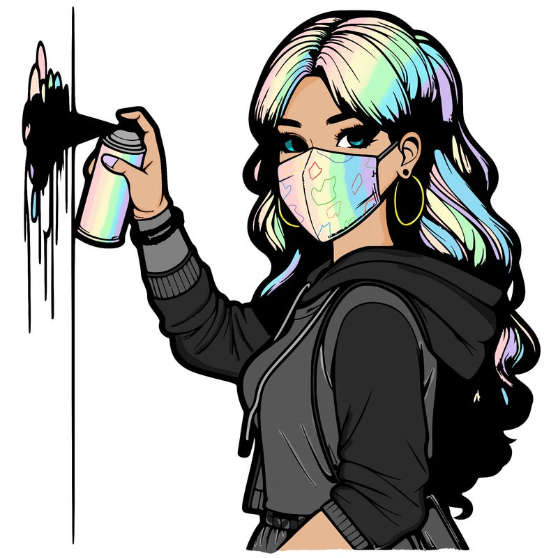 realistic girl with mask spray painting a wall