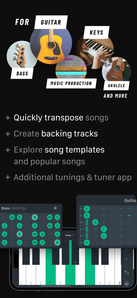 TONALY: Write & Practice Songs - Tonaly app screenshot showing songwriting tools and chord layouts for guitar piano and bass