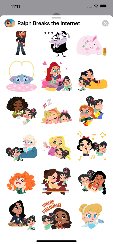 Ralph Breaks the Internet - A collection of Ralph Breaks the Internet iMessage stickers featuring Vanellope and Disney Princesses in their comfy outfits.