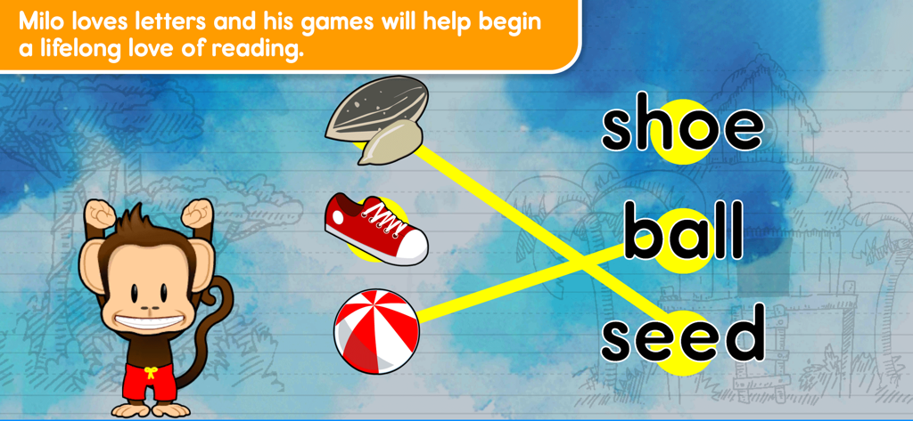 Monkey Preschool Learning - Un juego de alfabetización en la aplicación Monkey Preschool donde los niños emparejan imágenes como un zapato, una pelota y una semilla con sus palabras escritas correspondientes.