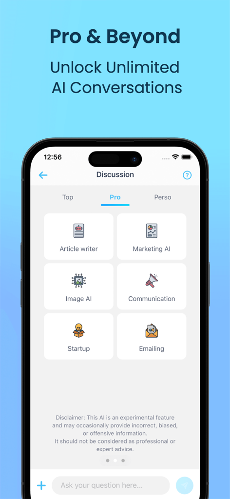 Sky AI - Sky AI app interface showing specialized pro personas like Article Writer, Marketing AI, and Startup assistant.