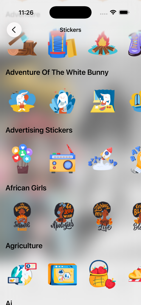 Sehory - Photo Collage Layout - Interfaz de la aplicación Sehory que muestra varias categorías gratuitas de pegatinas para editar collages de fotos