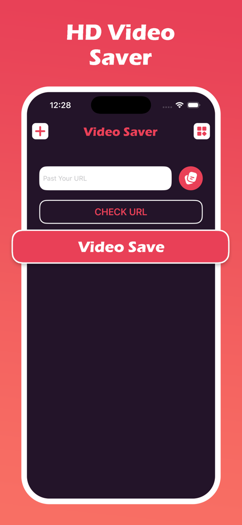 Interface of Vidow app showing the HD video saver feature where users can paste a URL and save videos
