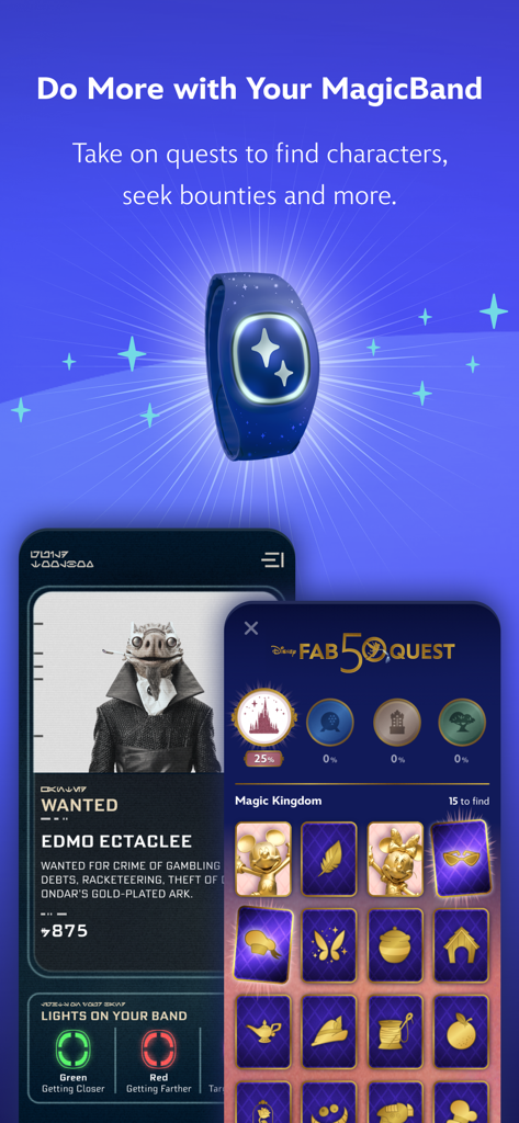 Play Disney Parks - Interface de l'application Play Disney Parks montrant l'intégration MagicBand pour les quêtes de personnages et la chasse aux primes Star Wars