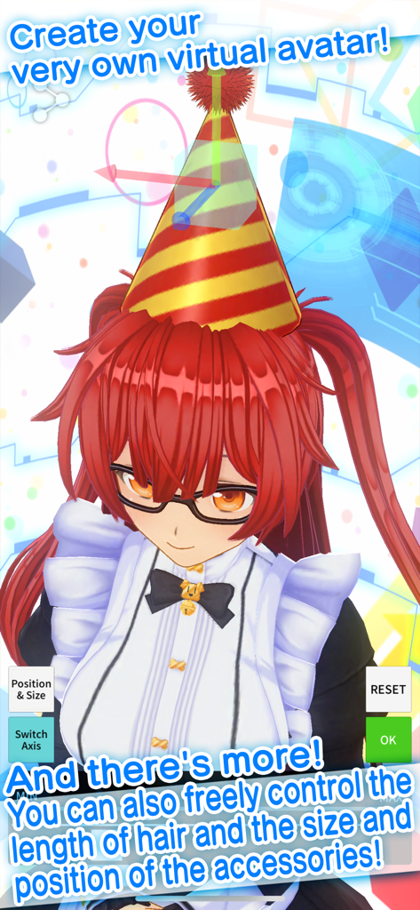 Customizing a 3D anime character with a party hat in the CUSTOM CAST mobile app.