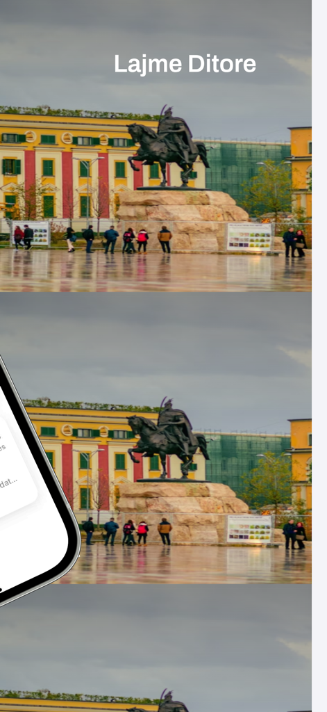 Radio Shqip Live - Daily news feature in Radio Shqip Live app showing the Skanderbeg Square in Tirana