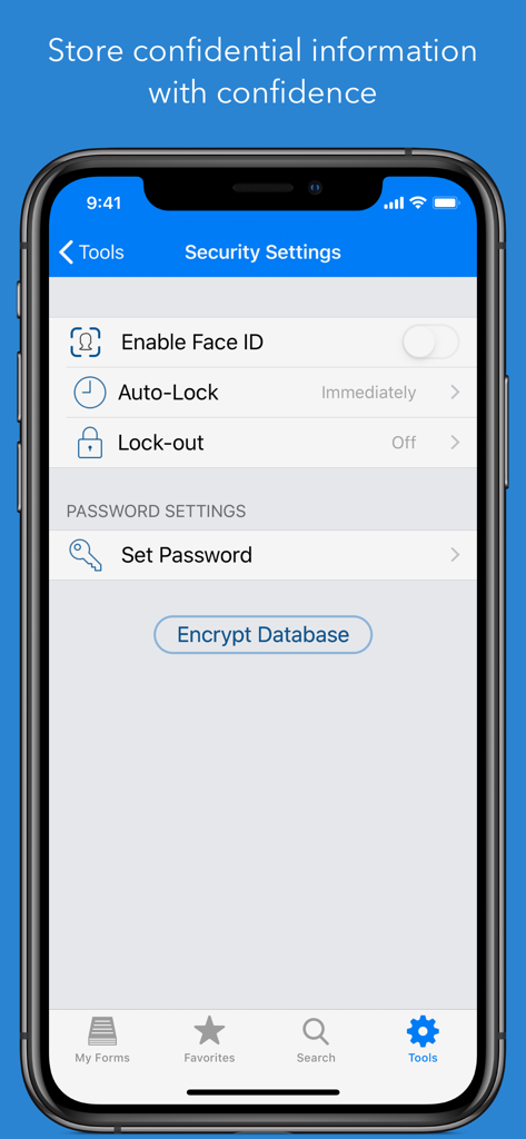 Tap Forms Organizer 5 Database - Pantalla de configuración de seguridad de la aplicación Tap Forms con opciones de Face ID y cifrado de base de datos