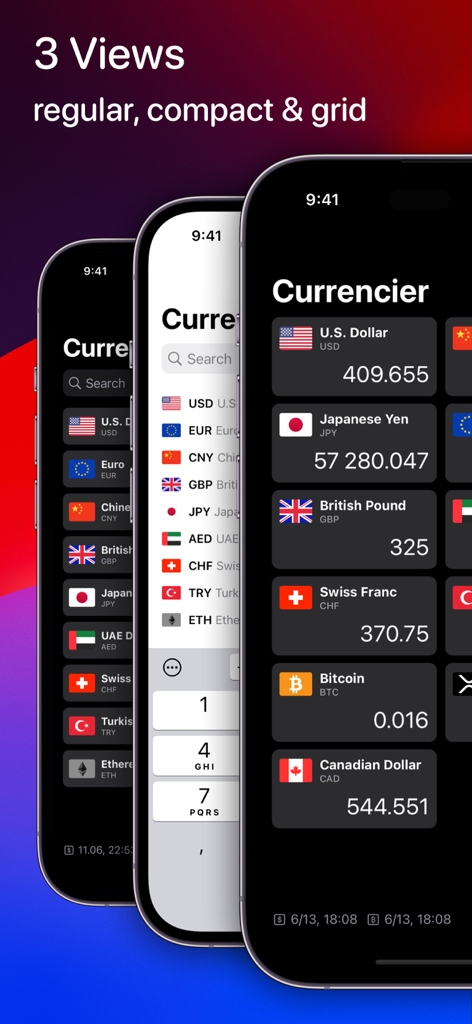 Currencier app showing regular compact and grid currency conversion views on iPhone