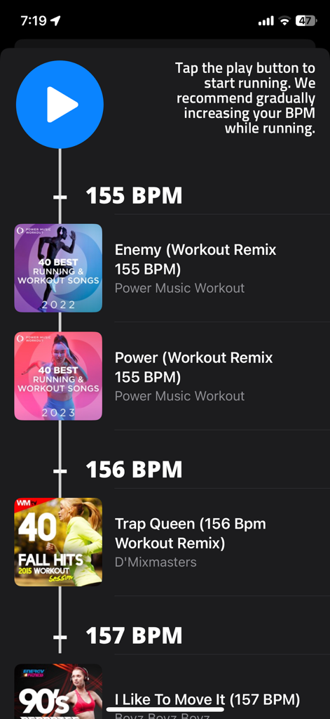 BeatRun Pro: Sync Your Steps - A list of running workout songs organized by beats per minute in the BeatRun Pro app