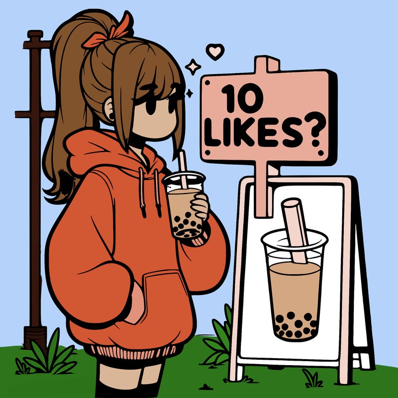 girl with oversized hoodie drinking boba and she has a high ponytail with a sign that says 10likes?