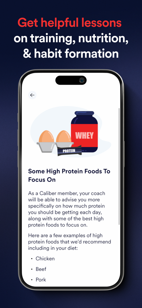 Screenshot of the Caliber app displaying a nutrition lesson about high protein foods with an illustration of eggs and whey protein